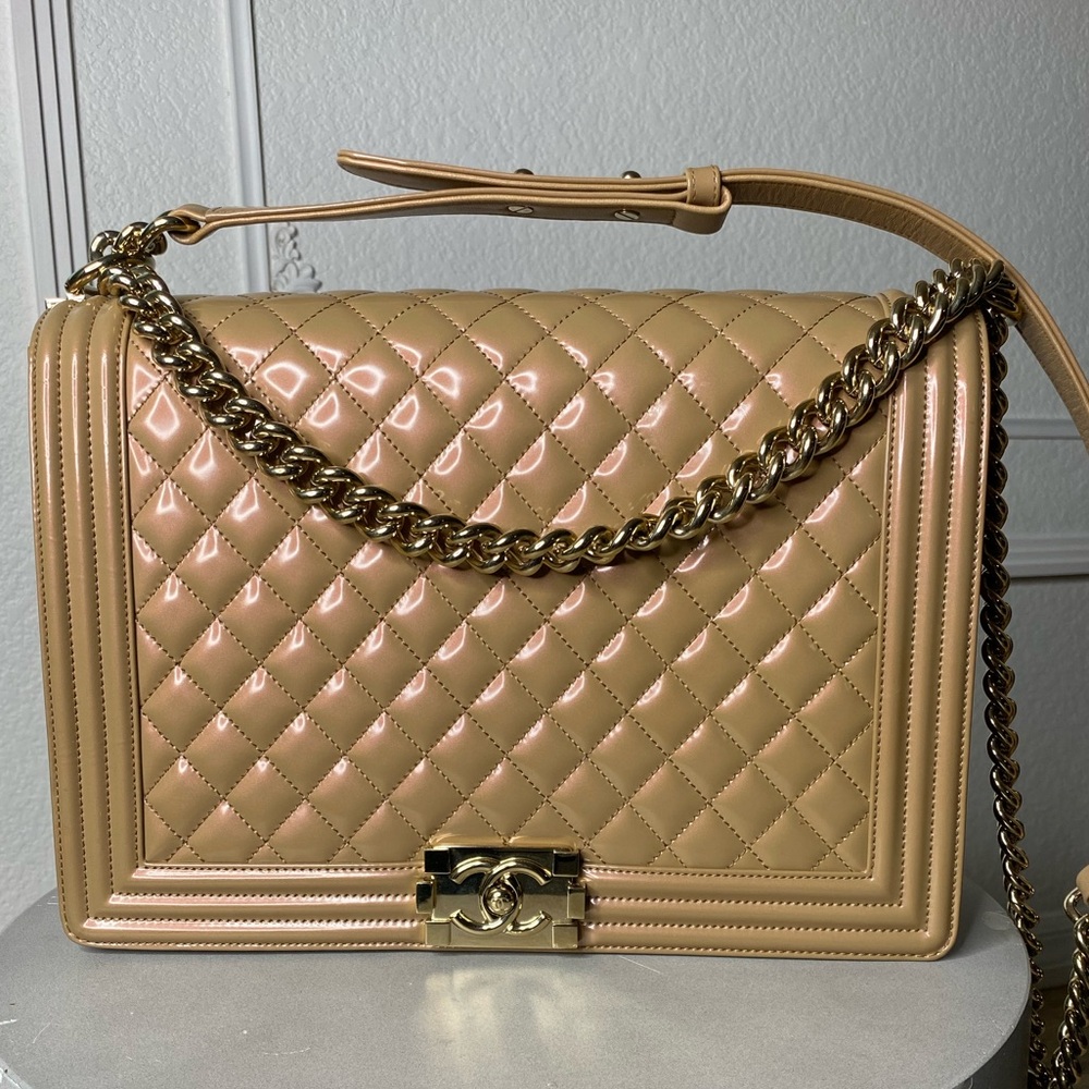 Glazed Calfskin Quilted Large Boy Bag Flap Beige Nude Gold Chain Hardware